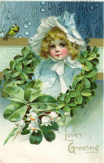 Love's Greeting postcard with girl and clover