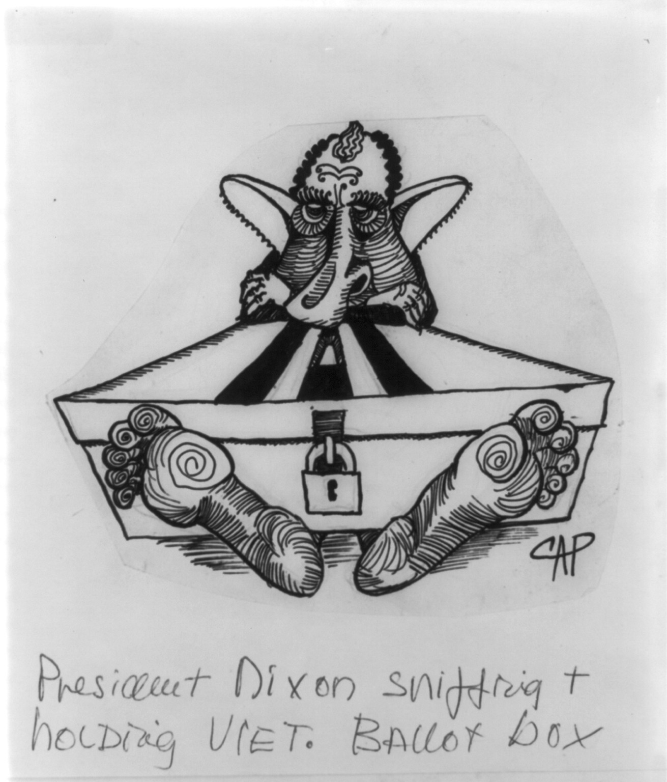 [Richard Nixon with Vietnamese ballot box] — historic drawing