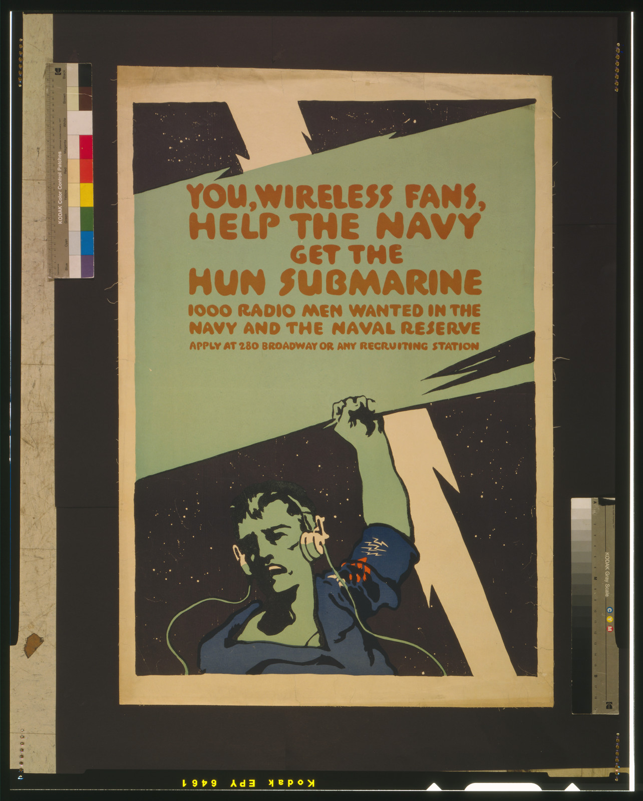 You, wireless fans, help the Navy get the Hun submarine 1000 radio men wanted in the Navy and the Naval Reserve., [between 1914 and 1918] — vintage poster