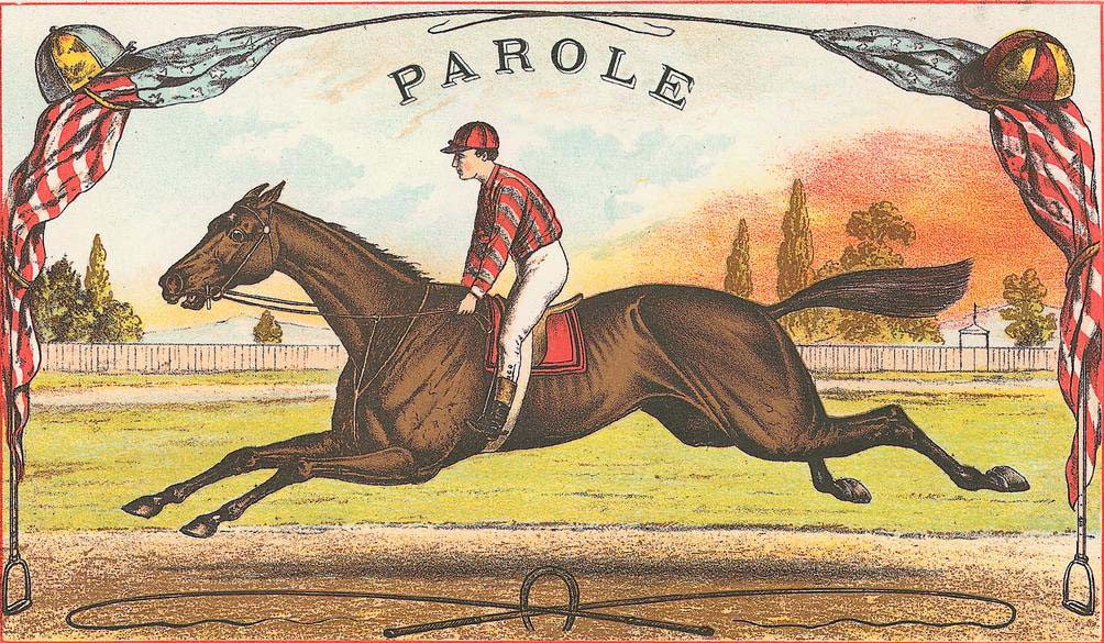 Parole, racehorse with jockey in red and white silks — historic image