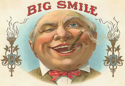 BIG SMILE cigar label with grinning caricature man smoking