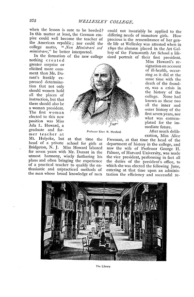 Magazine page: Wellesley College text, Horsford portrait, library photo