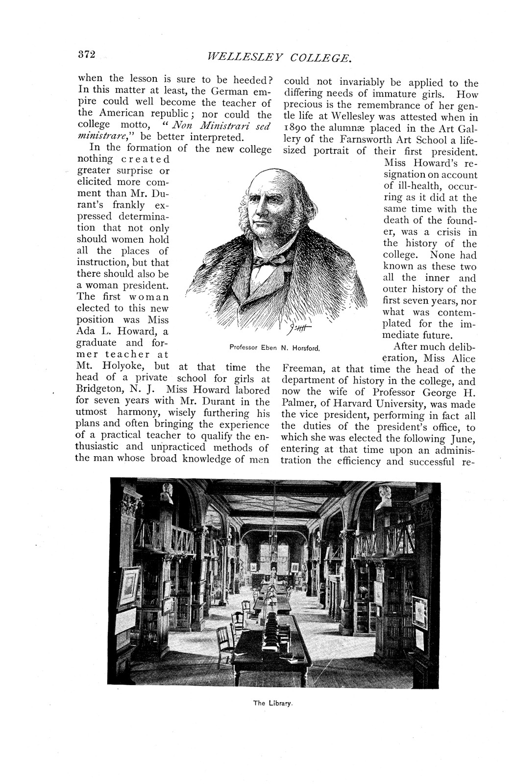 Magazine page: Wellesley College text, Horsford portrait, library photo — antique map