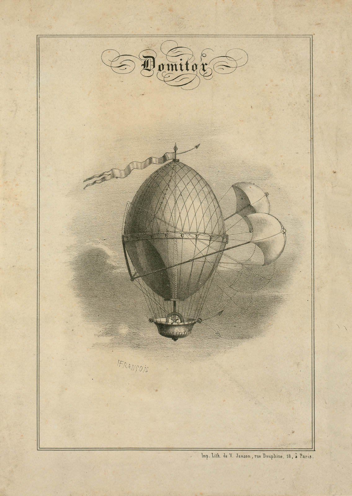 Domitor airship lithograph, signed H. Francois — antique lithograph