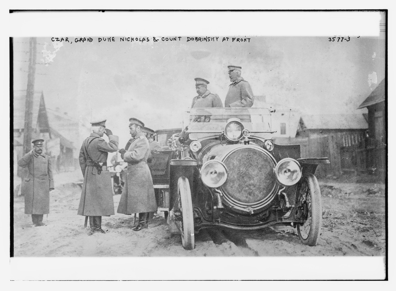 Czar, Grand Duke Nicholas and Count Dobrinsky at front, n/a — historic photograph