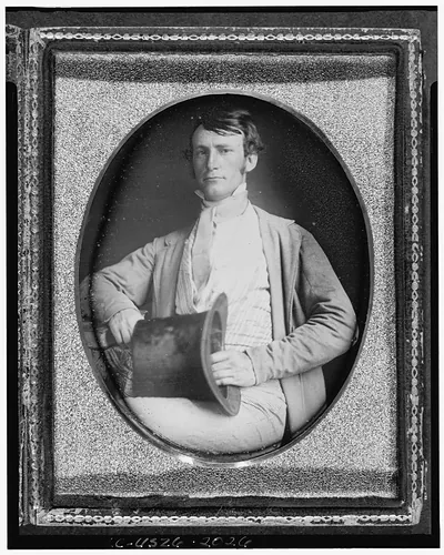 Seated man holding a top hat, daguerreotype portrait