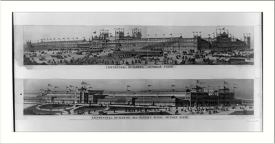 Centennial building. General view. Centennial building, Machinery Hall. Sunset view / Howe.