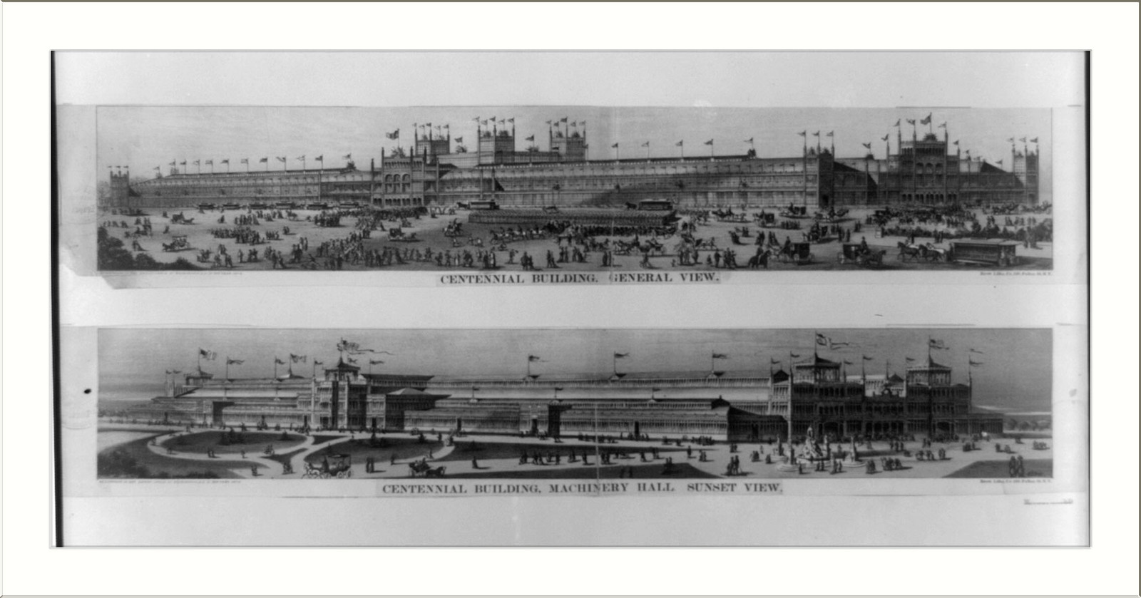 Centennial building. General view. Centennial building, Machinery Hall. Sunset view / Howe., New York : Brett Litho. Co., c1875. — antique lithograph