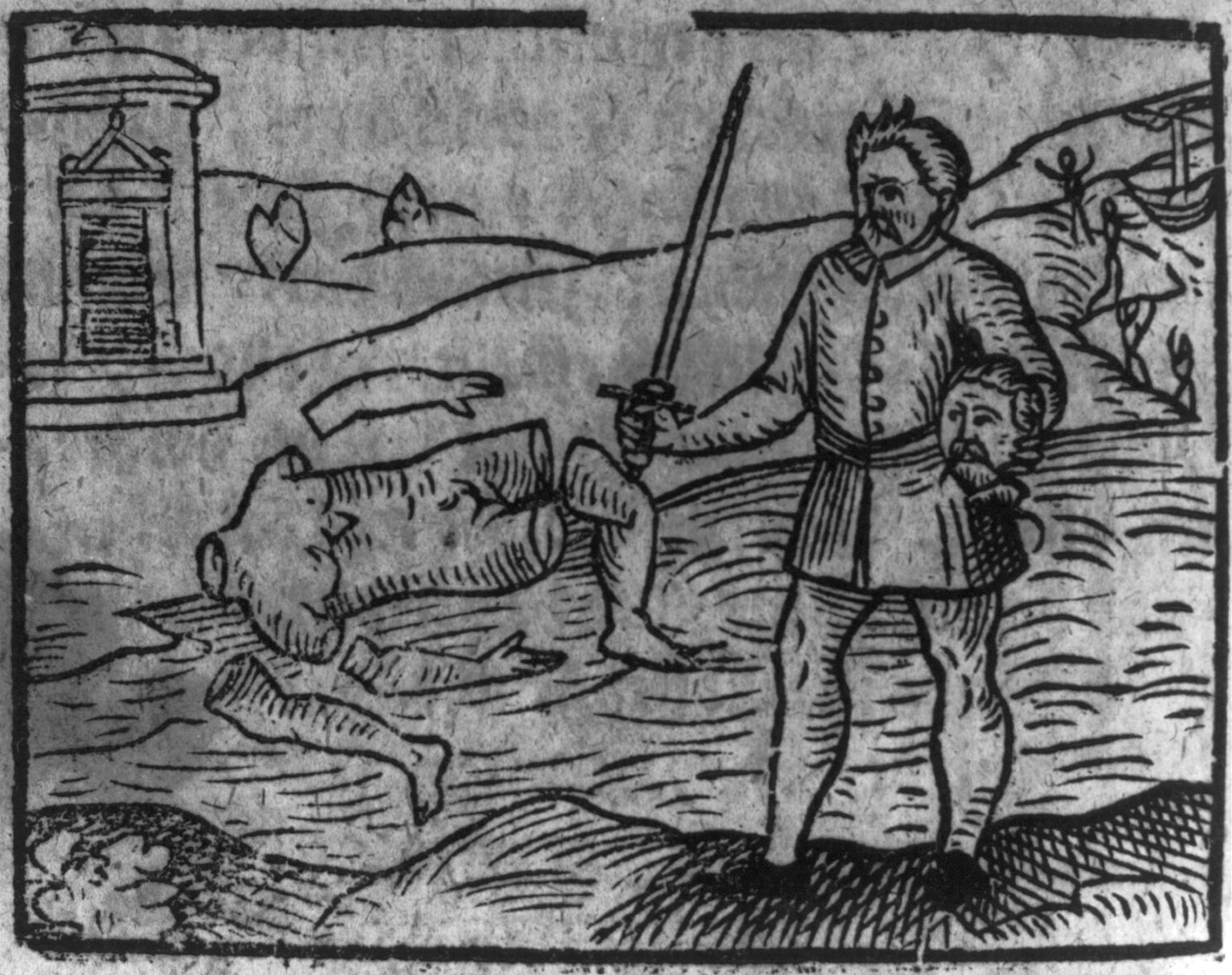 [Man holding sword and head of decapitated, dismembered body in background], 1599 — historic print