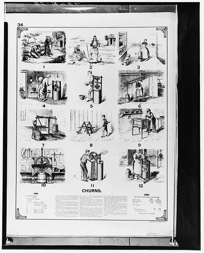 CHURNS: numbered engravings of butter churns on a book page