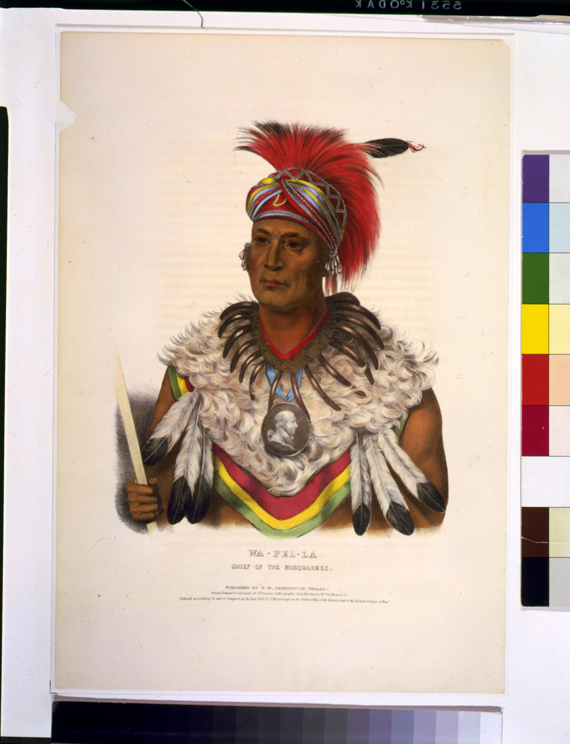 Wa-Pel-La, chief of the Musquakees / drawn, printed & coloured at I.T. Bowen's Lithographic Establishment., Philada. : published by F.W. Greenough, 1838. — antique lithograph