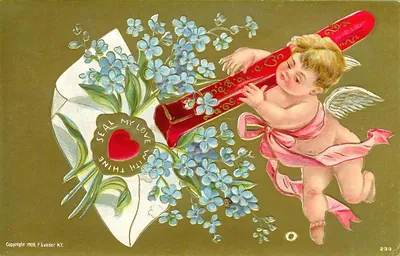Cupid with forget-me-nots and sealed love letter, Valentine card