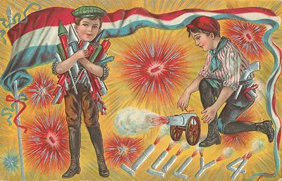 Boys with fireworks spelling JULY 4 on postcard