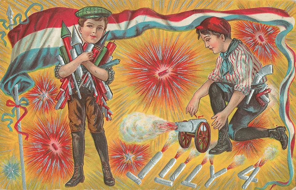 Boys with fireworks spelling JULY 4 on postcard — vintage postcard