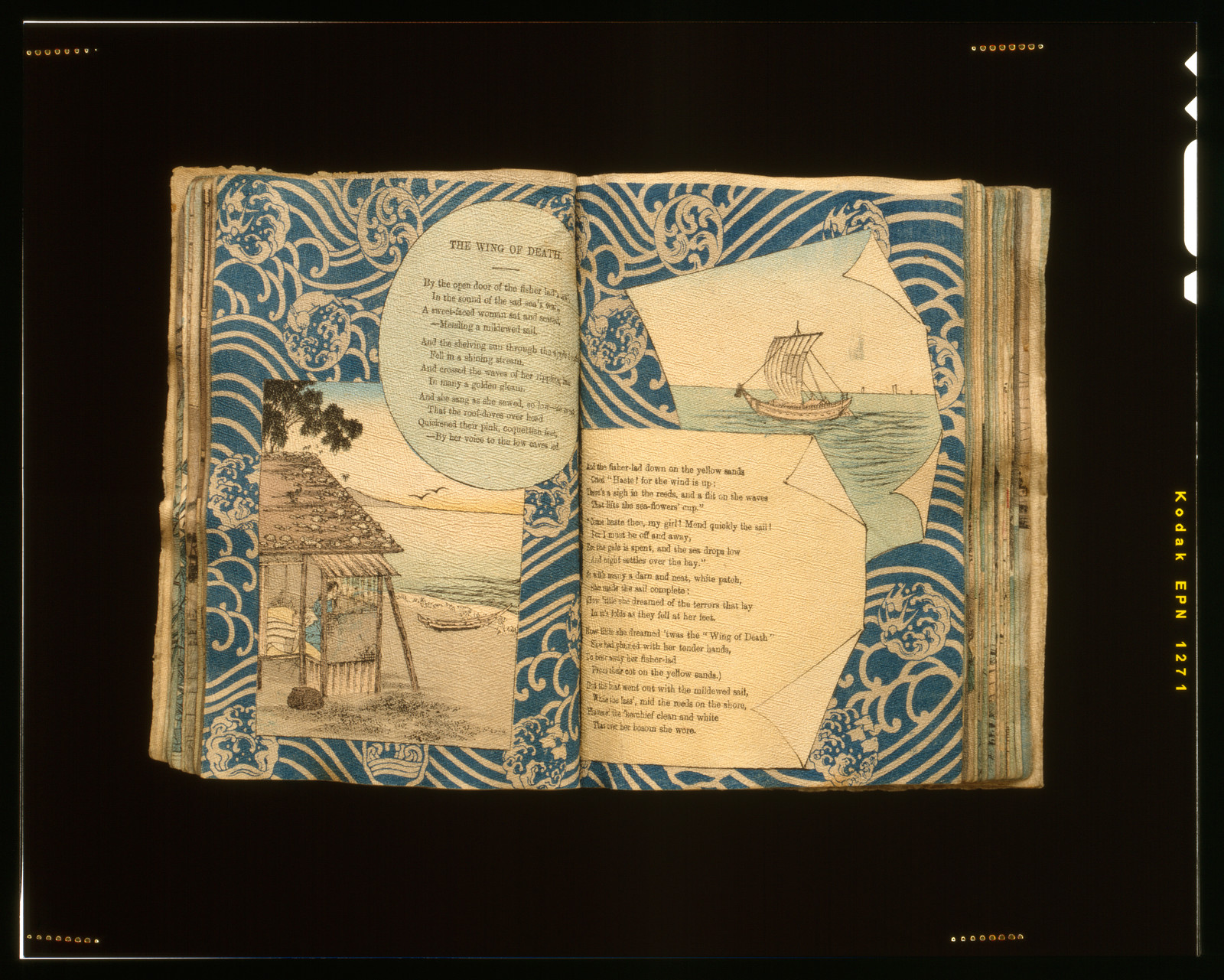 Open illustrated book with poem "The Wing of Death — historic print