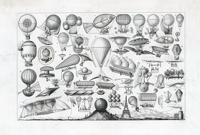 Engraved plate of balloons, airships and other flying machines