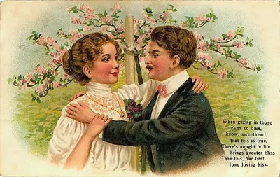 Young couple embracing beneath blossoms, Valentine verse postcard