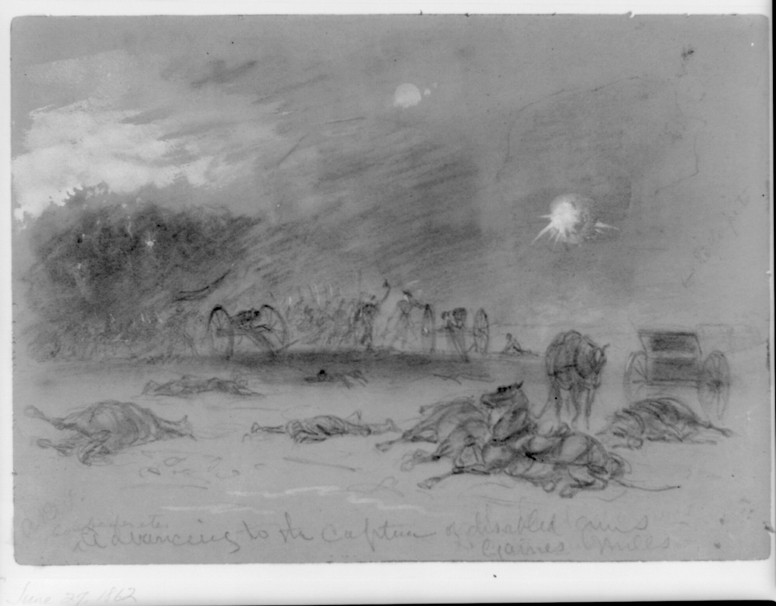 Confederates advancing to the capture of disabled guns. Gaines Mills, [1862 June 27] — historic drawing