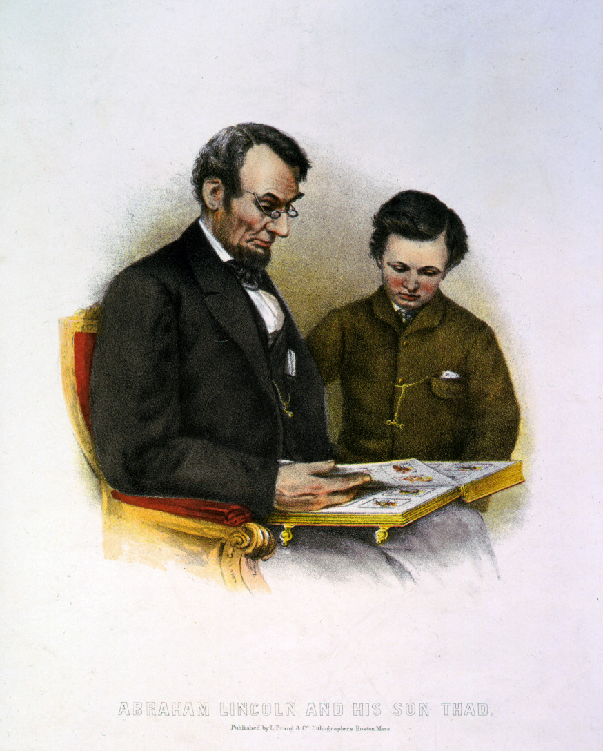 Abraham Lincoln And His Son Thad, c. Late 1800s — antique lithograph