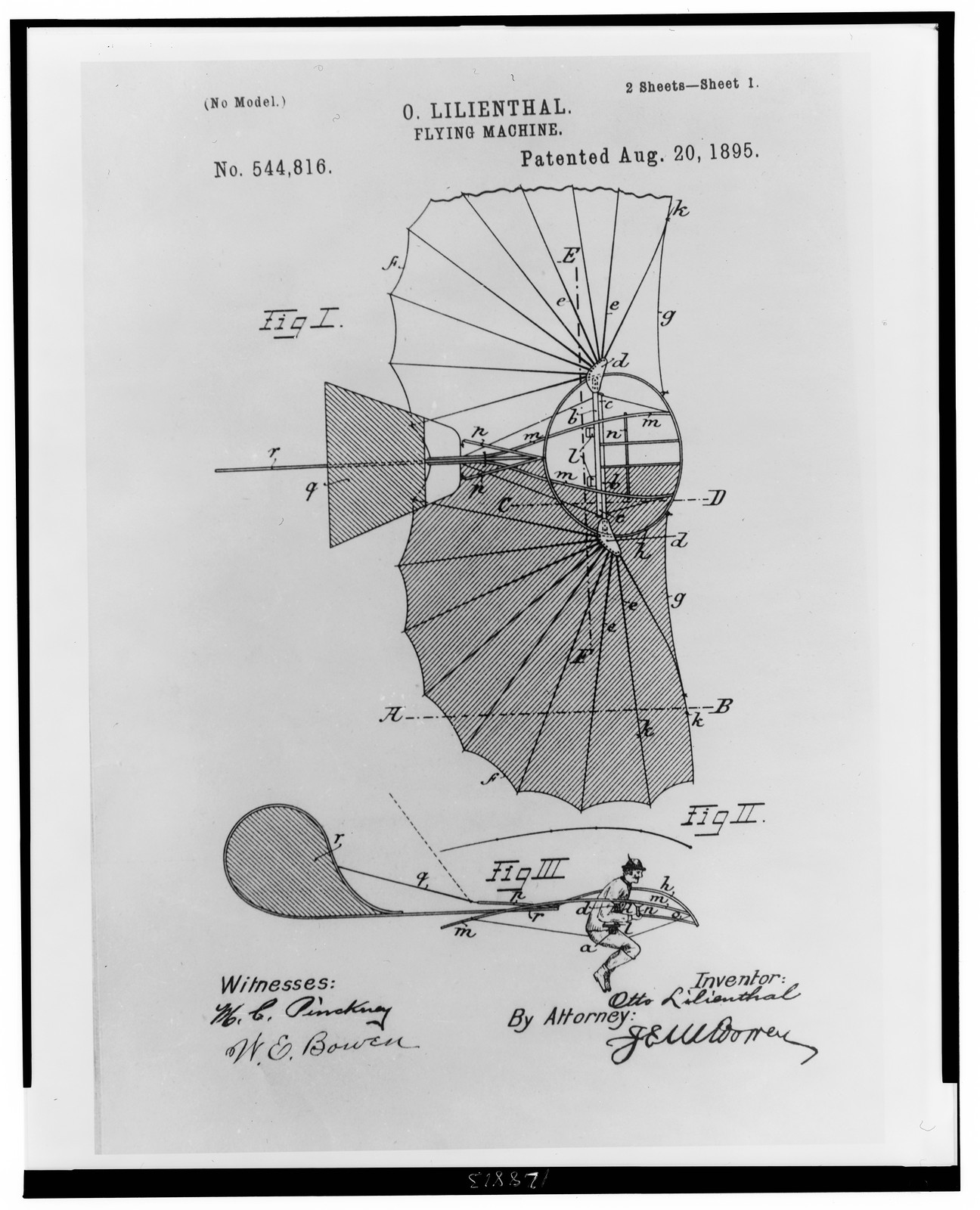 O. Lilienthal - flying machine Patented Aug. 20, 1895., [1895?] — historic photograph