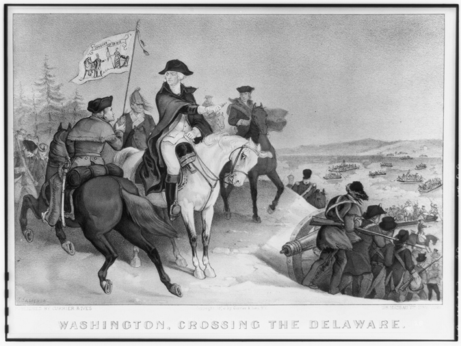 Washington crossing the Delaware: on the evening of Dec 25th. 1776, previous to the battle of Trenton, New York : Published by Currier & Ives, c1876. — antique lithograph