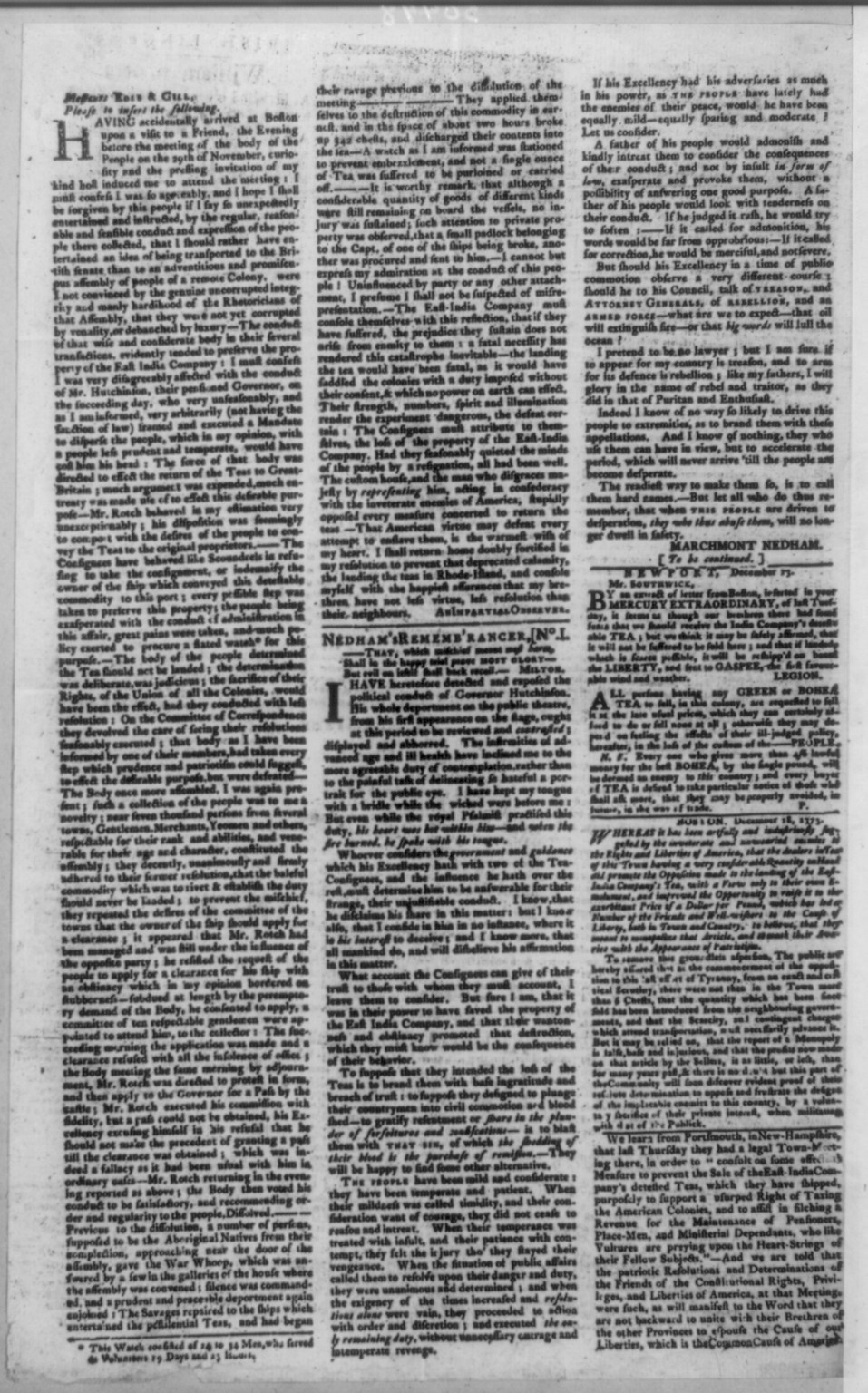 [Page 2 of the Boston Gazette, Dec. 20, 1773. Newspaper tells of the Boston Tea Party] — historic image