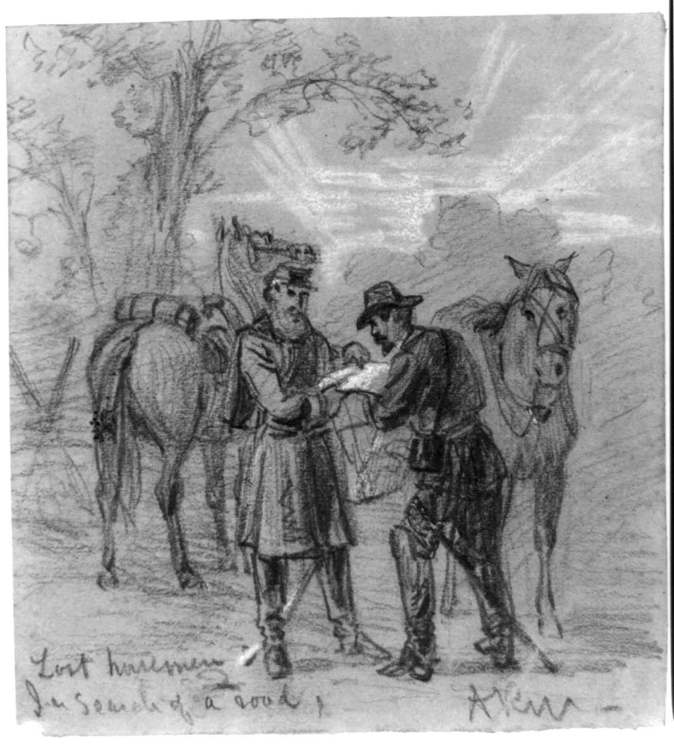 Lost horsemen. In search of a road, [1862 ca. November] — historic drawing