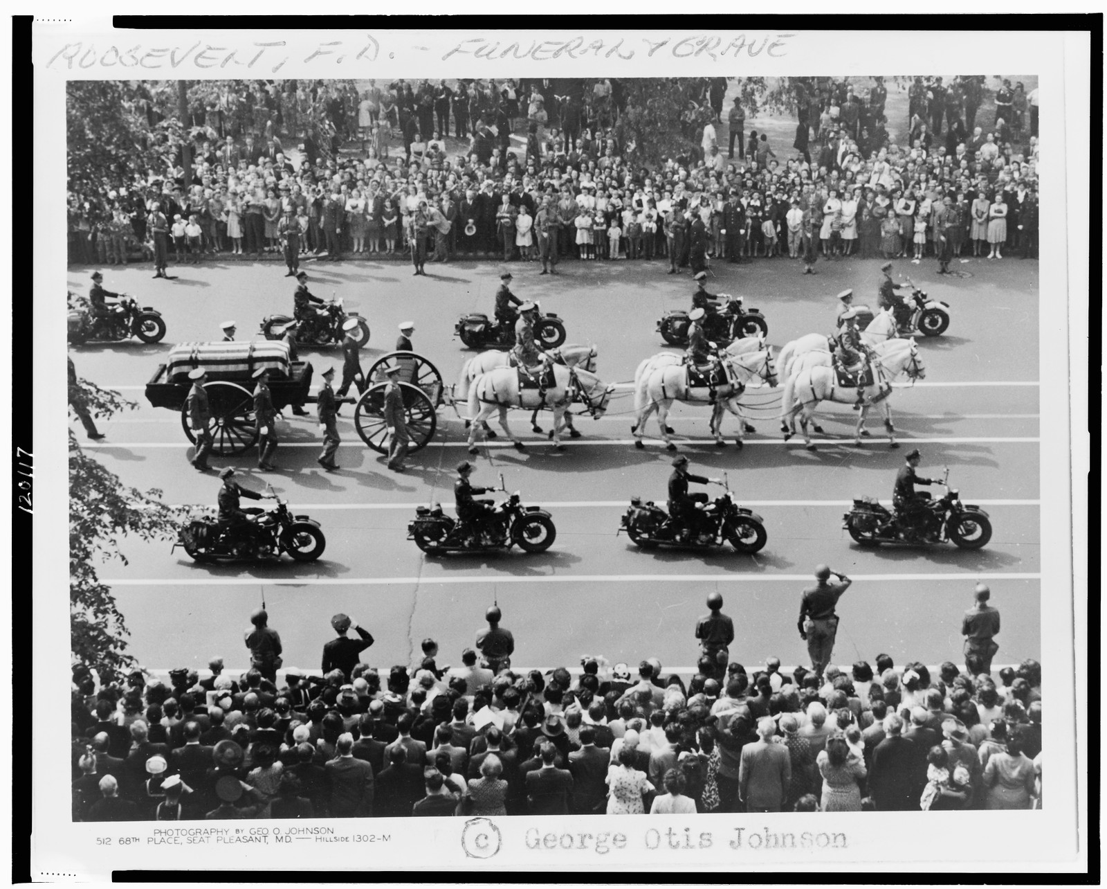 President Franklin D. Roosevelt's funeral caisson / photography by Geo. O. Johnson, Seat Pleasant, Md., c1945. — historic photograph