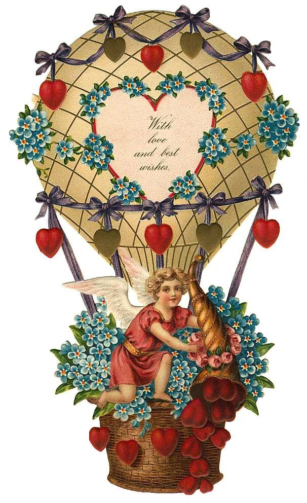 Cherub in heart-decorated hot air balloon greeting card — historic image
