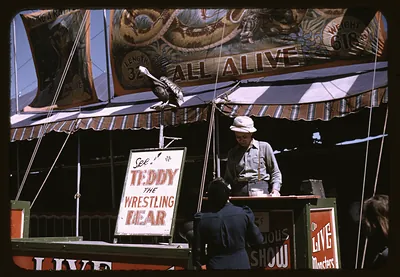 Sideshow barker beside Teddy the Wrestling Bear sign