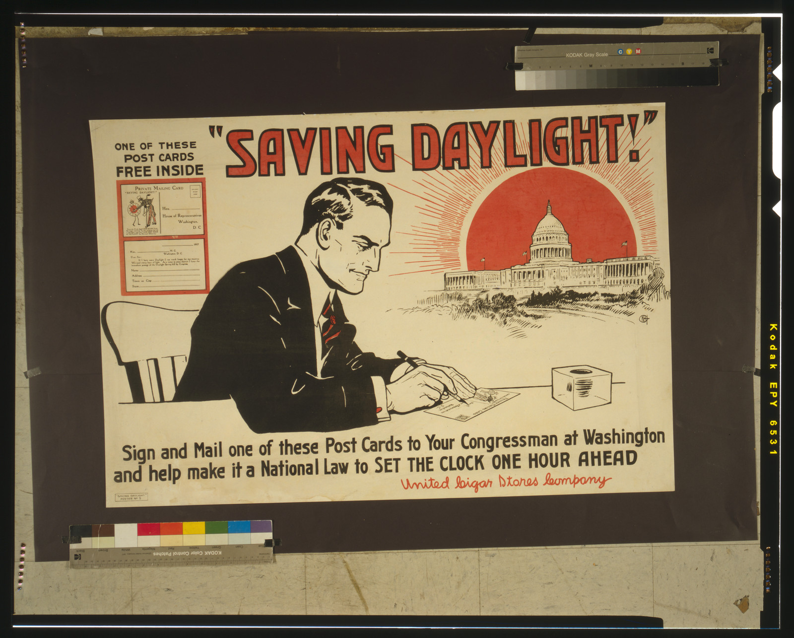 Saving daylight!" Sign and mail one of these post cards to your congressman at Washington and help make it a national law to set the clock one hour ahead.", [1918] — vintage poster