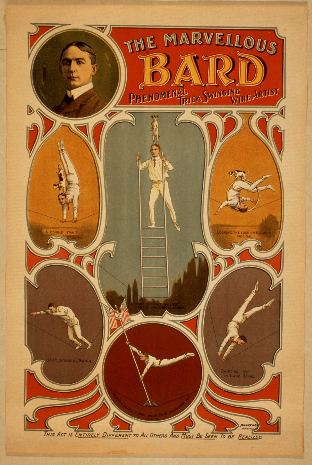 The marvellous Bard phenomenal trick swinging wire artist, 1890 — vintage poster