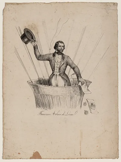 Francesco Arban di Lione, aeronaut in balloon basket, lithograph