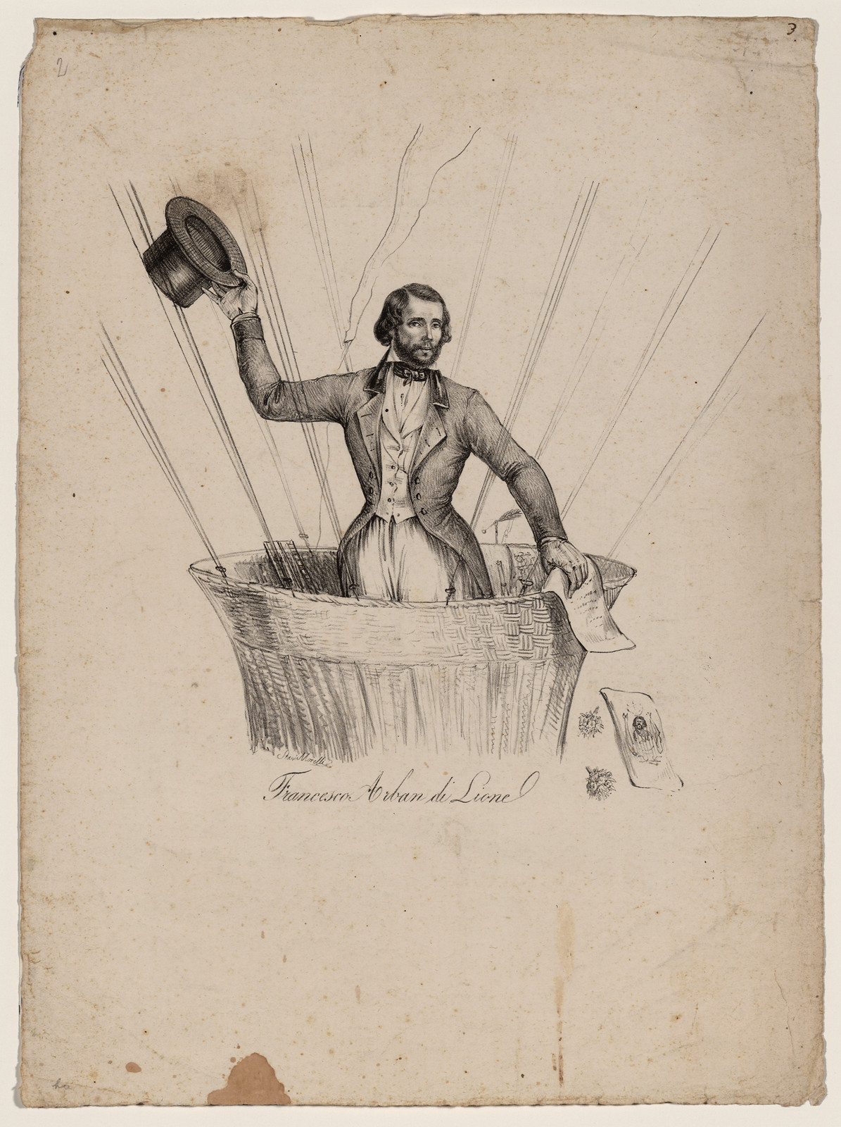 Francesco Arban di Lione, aeronaut in balloon basket, lithograph — antique lithograph
