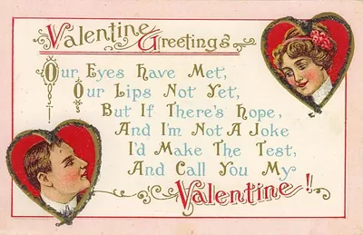 Valentine Greetings postcard with two hearts and verse