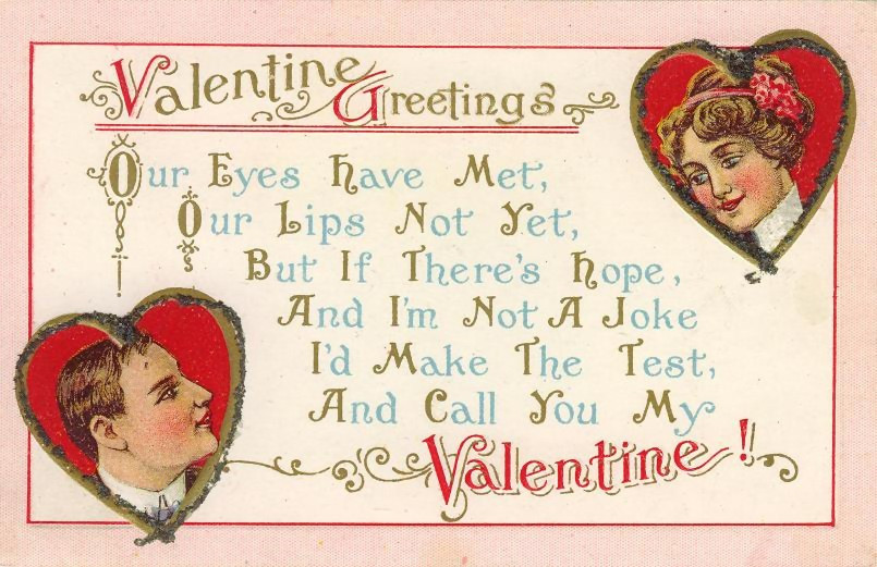 Valentine Greetings postcard with two hearts and verse — vintage postcard