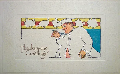 Thanksgiving Greetings card with chef and turkeys