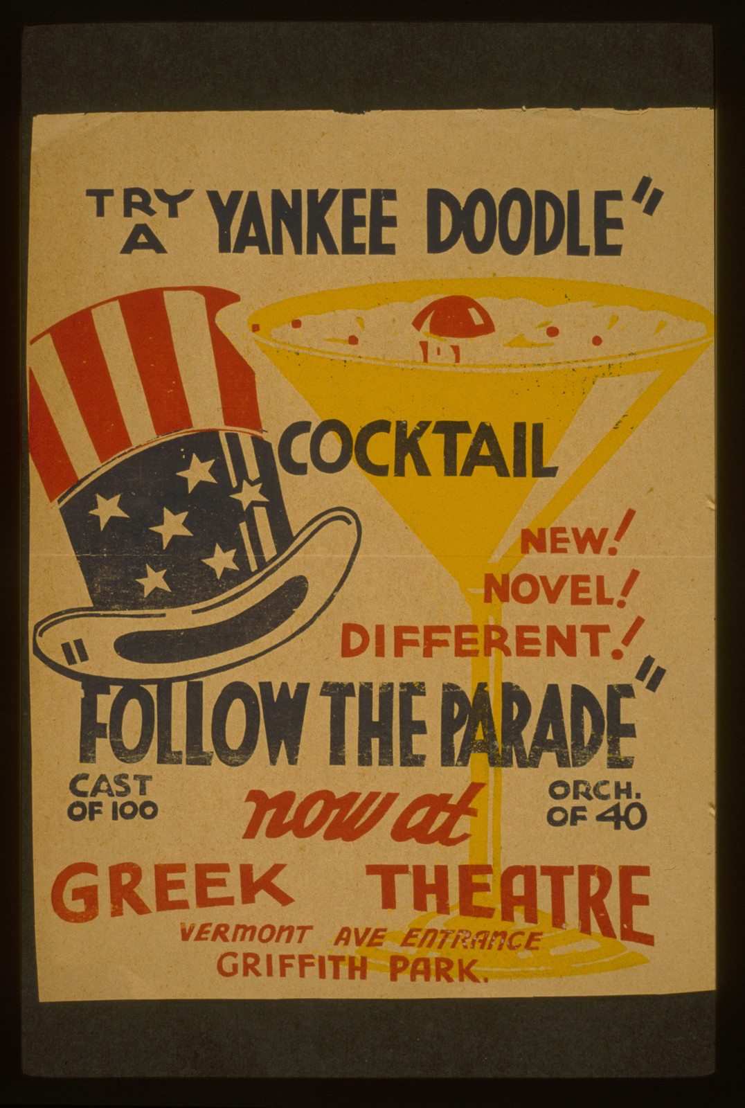 Try a Yankee Doodle cocktail - New! Novel! Different! - Follow the parade now at Gree, 1936 — vintage poster