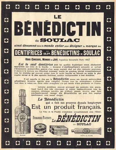 Le Bénédictin de Soulac toothpaste advertisement, French print