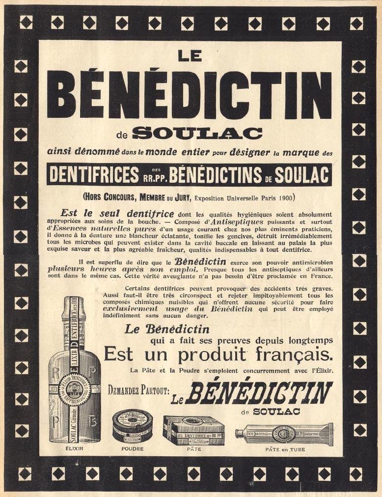 Le Bénédictin de Soulac toothpaste advertisement, French print — historic print