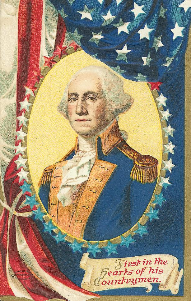 Patriotic postcard of George Washington with 'First in the Hearts of his Countrymen' scroll — vintage postcard