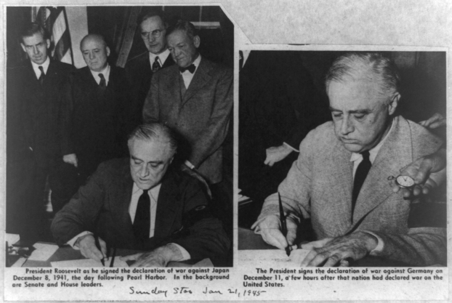President Roosevelt as he signed the declaration of war against Japan, 1941 Dec. 8 and the President signing the declaration of war against Germany on December 11, 1945 Jan. 21. — historic print