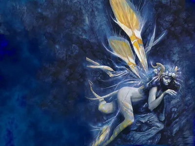 Winged fairy with golden wings on blue background