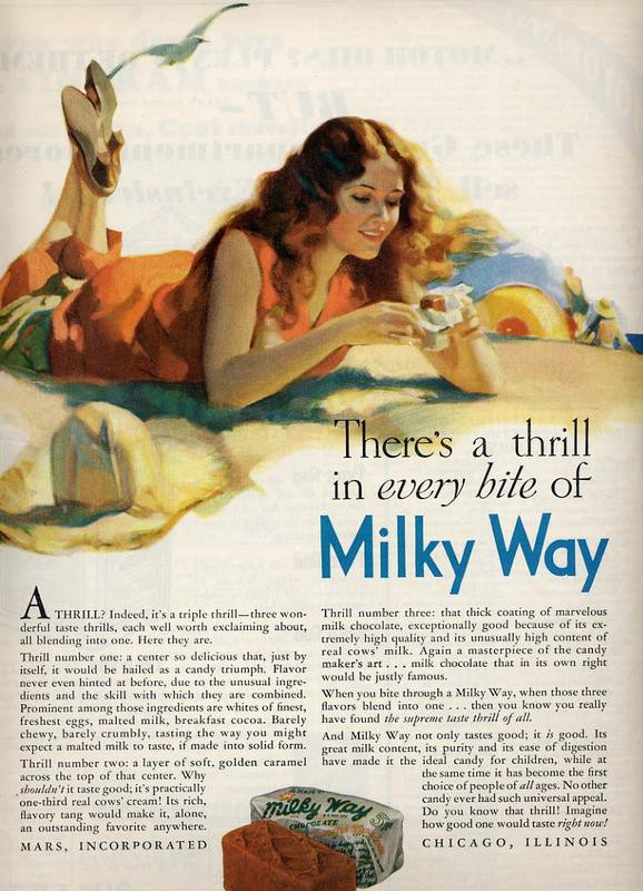 Milky Way candy advertisement: There's a thrill in every bite — historic image