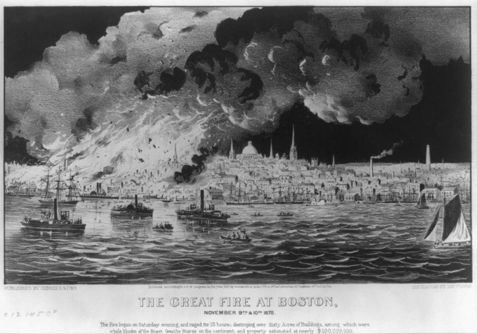 The great fire at Boston: November 9th & 10th 1872, New York : Published by Currier & Ives, c1872. — antique lithograph