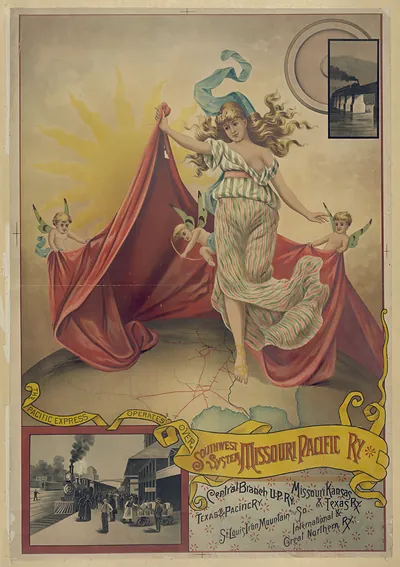 Southwest System Missouri Pacific Ry poster with allegorical woman and cherubs
