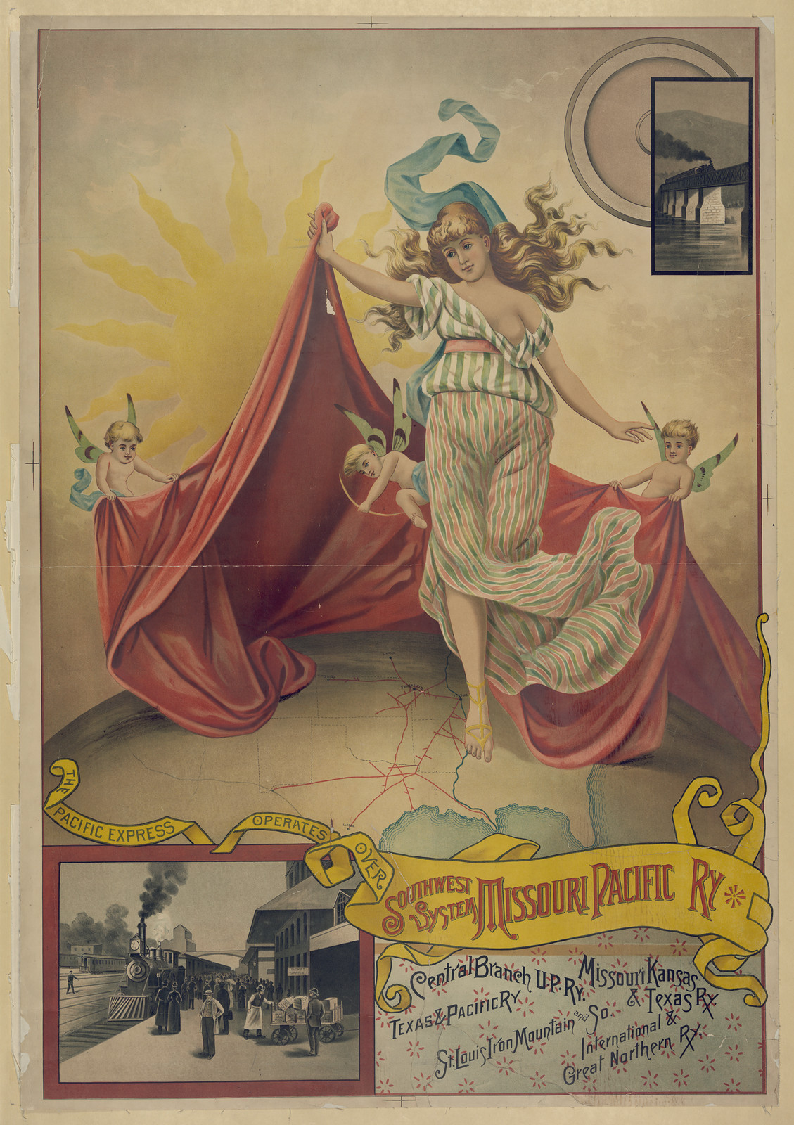 Southwest System Missouri Pacific Ry poster with allegorical woman and cherubs — vintage poster