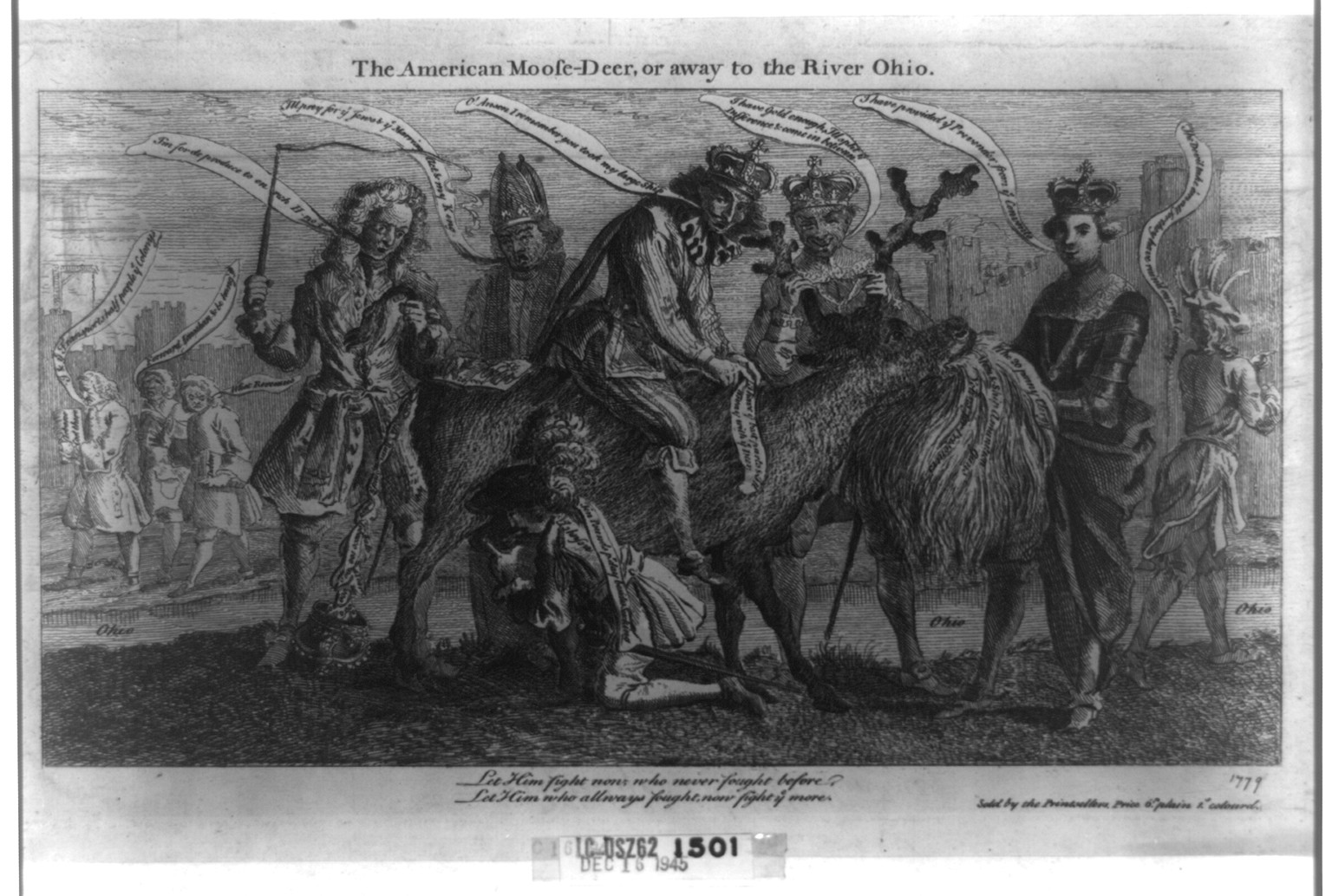 The American moose-deer, or Away to the River Ohio, [England] : Sold by the Printsellers, Price 6d., plain 1s, colourd, [1754] — antique engraving