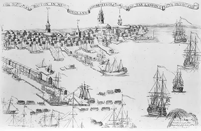 The town of Boston in New England and British ships of war landing their troops! 1768