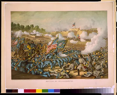 Battle of Williamsburg--Gen. Hancock's charge, May 5, 1862. Union (Gen. McClellan) ... Conf. (Gen. J.E. Johnston) ...